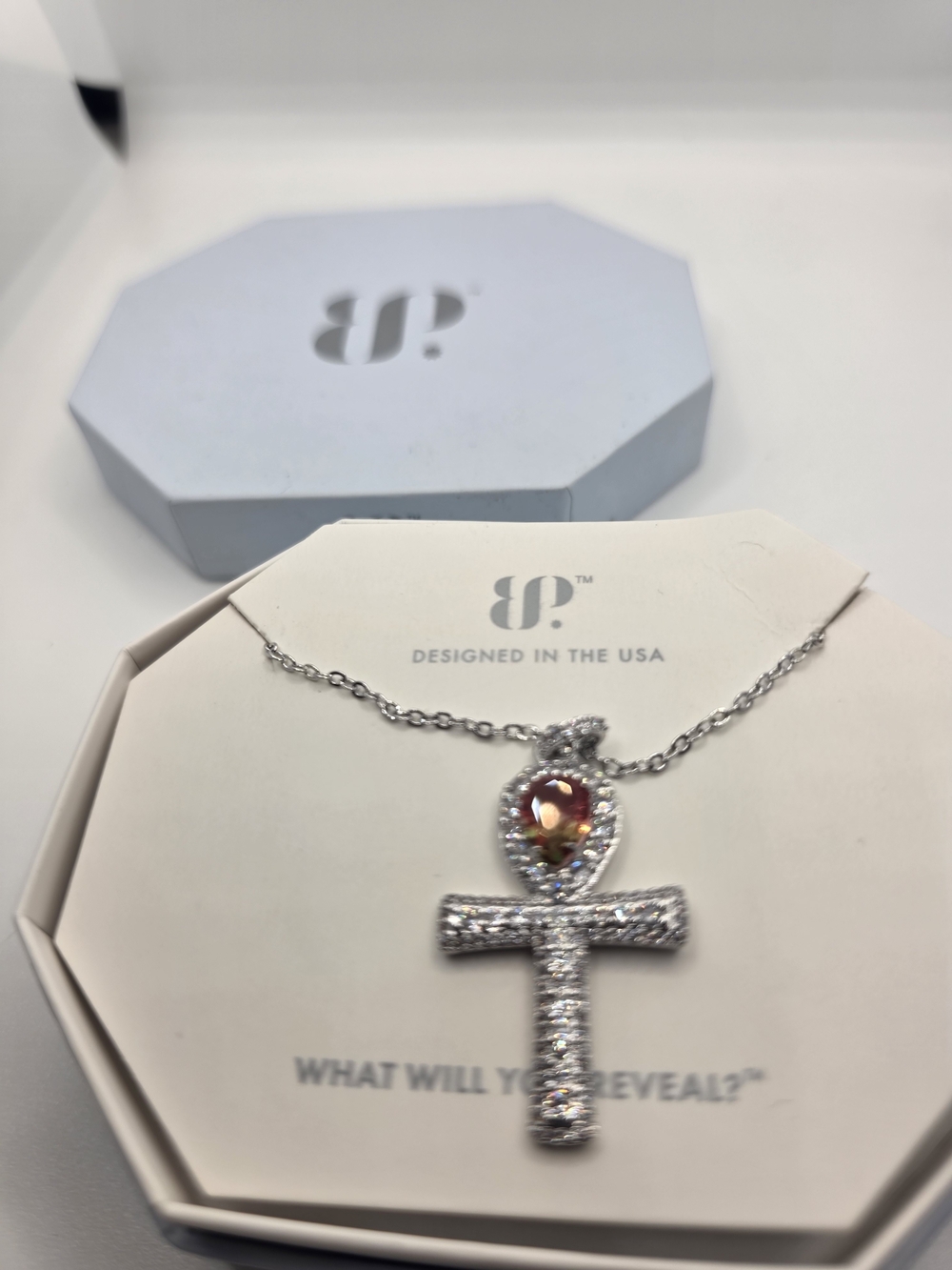 BombParty Silver Ankh Pendant Necklace with Amber Gemstone